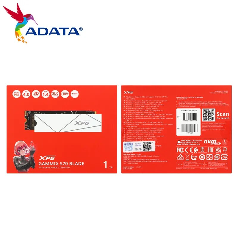 방열판이 있는 ADATA XPG GAMMIX S70 블레이드, 노트북 데스크탑 하드 디스크용, PCIE GEN4X4 PCie4.0 M.2 2280 SSD, 100%
